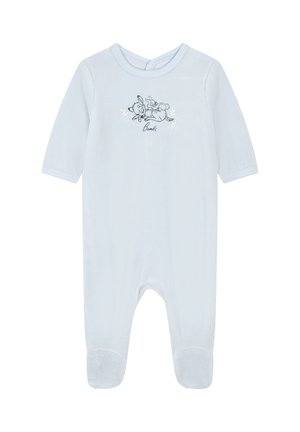 Un body en tissu doux de couleur bleu clair, à manches longues, avec un col rond et une fermeture à pression ; il présente une illustration de Bambi et de Flopse.