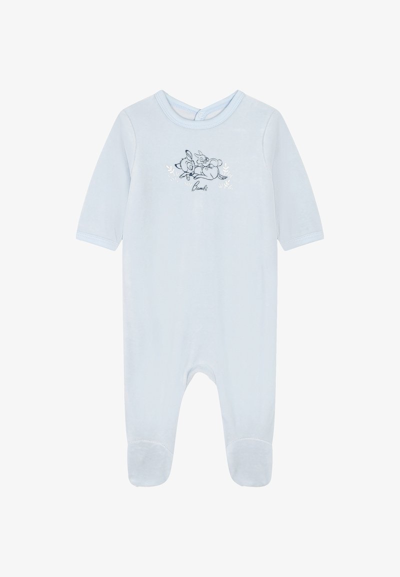 Un body en tissu doux de couleur bleu clair, à manches longues, avec un col rond et une fermeture à pression ; il présente une illustration de Bambi et de Flopse.