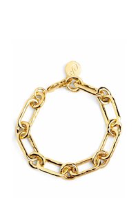 Bracciale in oro con maglie ovali e rettangolari intrecciate, con finitura lucida. Include un piccolo ciondolo circolare attaccato.