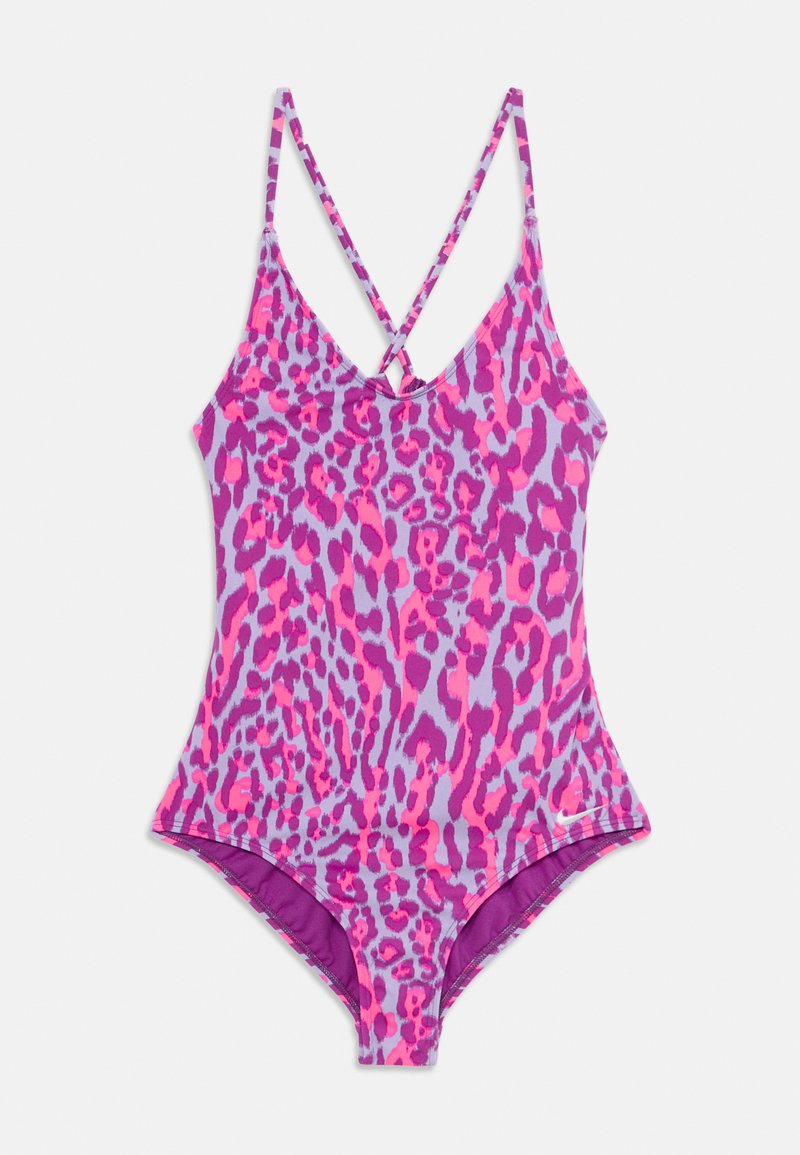 Maillot de bain une pièce en violet et rose avec un motif léopard. Tissu texturé, bretelles croisées réglables et design à jambe haute.