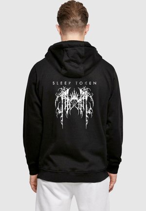Black hoodie with a white graphic "SLEEP TOKEN" design on the back, featuring intricate linework and patterns. Made from soft fabric.