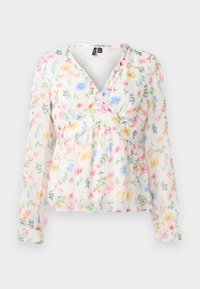 Blusa floreale con maniche lunghe, tessuto leggero e trasparente, scollatura a V, vita arricciata e motivi floreali colorati in rosa, blu e giallo.