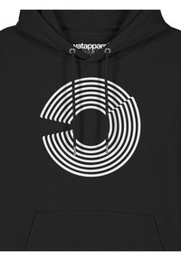 Zwarte hoodie met een grote cirkelvormige grafiek met witte concentrische strepen. Inclusief een voorkPocket en trekkoorden met metalen uiteinden.
