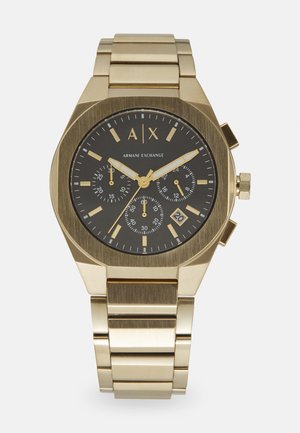 Orologio in acciaio inossidabile dorato con quadrante rotondo nero, indicatori luminescenti, funzioni cronografo e display della data alle 6.