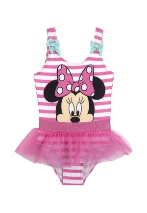 Costume da bagno a righe rosa con grande grafica di Minnie Mouse, spalline decorate con fiocchi menta e una gonna morbida in tulle rosa in vita.