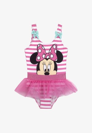 Maillot de bain rayé rose avec un grand graphique de Minnie Mouse, épaules ornées de nœuds en menthe, et une jupe en tulle rose bouffante à la taille.
