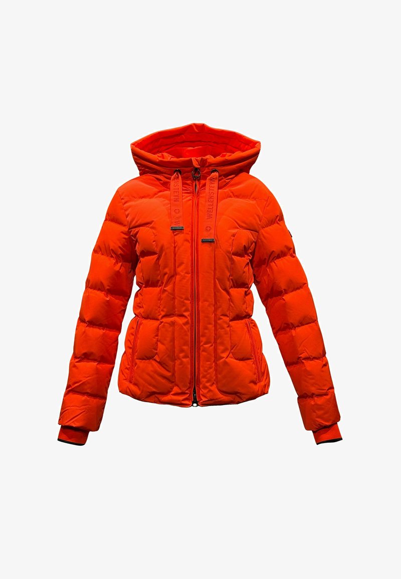 Puffer jacket in vibrant orange, featuring a zip closure, a hood, and two front pockets with ribbed cuffs and quilted texture.
