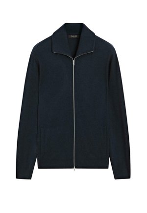 Veste zippée marine en laine douce, avec un grand col, des manches longues et deux poches latérales. Texture lisse avec un design épuré.