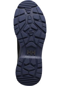 Suela de zapato con surcos profundos para tracción, material de goma texturizada y color azul oscuro con el logo de la marca "HH" destacado.