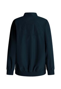 Veste bleu marine avec des poignets et un ourlet élastiques, arborant un logo embossé "RBR RED BULL RACING" au dos. Tissu lisse et léger.