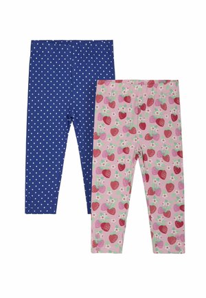 Dos pares de leggings para niños: uno en azul marino sólido con lunares blancos, el otro en rosa claro con un estampado de fresas. Cinturas elásticas.