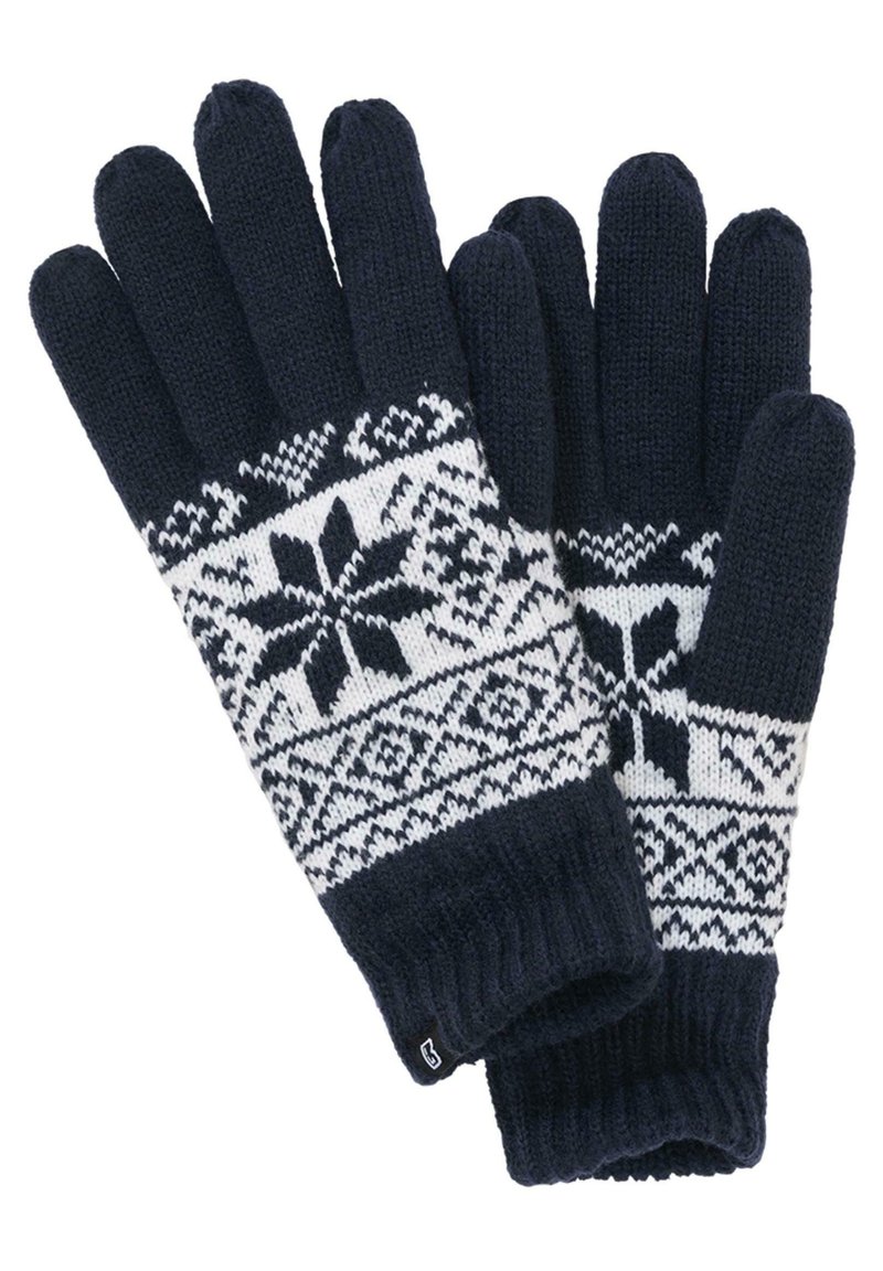 Gants tricotés marins avec un motif de flocon de neige blanc, présentant des poignets côtelés et une finition texturée. Chaque gant a cinq doigts.
