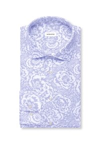 Chemise habillée pour hommes à motifs floraux bleu clair et blanc, pliée, avec col boutonné et boutons visibles, étiquetée "seidensticker."