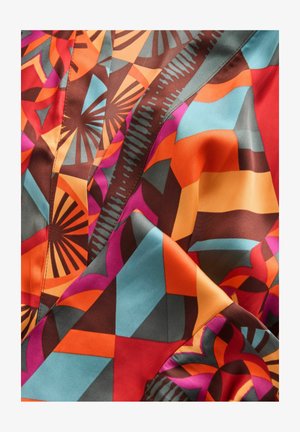 Colorful fabric featuring geometric patterns in orange, red, blue, and brown. Smooth texture with a shiny finish and intricate design details.