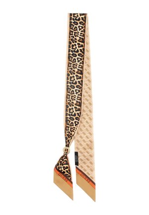 Langer schmaler Schal mit Leopardenmuster auf der einen Seite und Beige mit wiederholtem Logo auf der anderen, mit „Guess“-Branding in Orange und braunen Kanten.