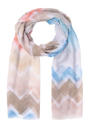 Écharpe légère avec motif en zigzag dans des tons pastel bleu, beige et corail, bouclée librement en haut avec les extrémités pendantes.