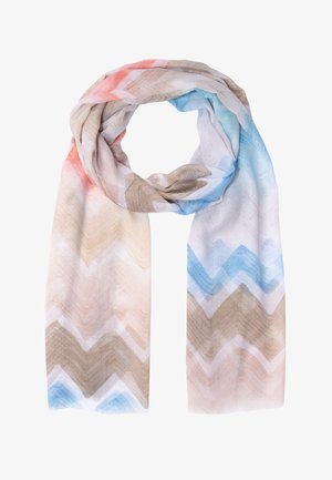 Leichter Schal mit Zickzackmuster in Pastellblau-, Beige- und Koralltönen, oben locker geschlungen, die Enden hängen herab.