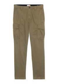 Pantalones cargo verde oliva hechos de una mezcla de algodón, con dos bolsillos laterales, dos bolsillos en los muslos con solapas y una cinturilla estándar.