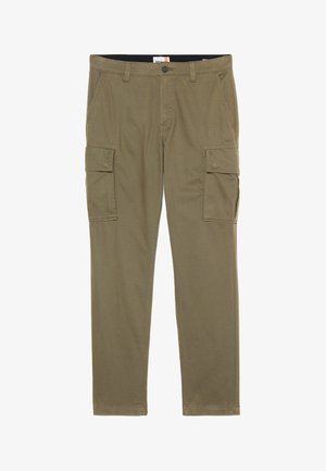 Olive green cargo pants made of cotton blend, featuring two side pockets, two thigh pockets with flaps, and a standard waistband.