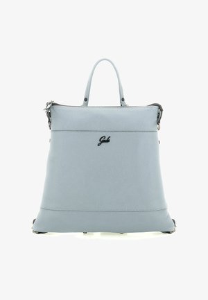 Borsa rettangolare in pelle azzurro chiaro con manici superiori, logo nero al centro e chiusura con zip sulla parte superiore.