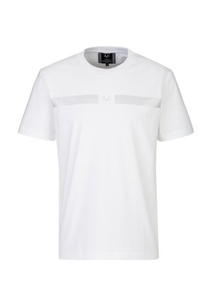 Weißes T-Shirt mit kurzen Ärmeln und rundem Ausschnitt, dezentem horizontalem griechischem Schlüssel-Muster über der Brust und kleinem zentralem Logo oberhalb des Musters.