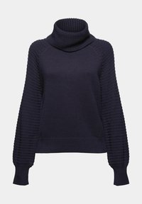 Pull en tricot bleu marine avec un col montant texturé, des poignets côtelés et des détails à motifs contrastés sur les manches. Coupe décontractée.