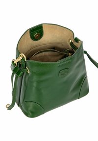 Sac à main en cuir vert avec une texture lisse, base arrondie et accents en métal doré. Dispose d'une seule bandoulière et d'une poche zippée intérieure.