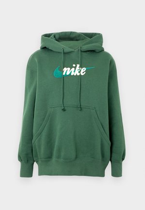Sudadera verde con capucha de mezcla de algodón que presenta un bolsillo canguro, puños acanalados y un logo de Nike bordado en blanco y azul verdoso en el frente.
