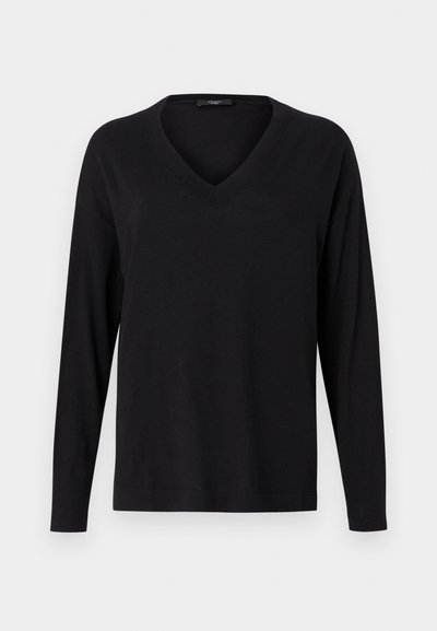 Pulover negru cu mânecă lungă și decolteu în V, confecționat dintr-un material moale, având o croială lejeră și detalii cu dungi la guler și mansete.