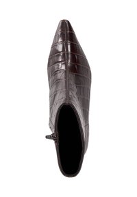 Brown, pointed toe ankle boot made of faux crocodile leather with a textured surface and side zipper closure.