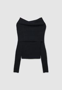 Schwarzes, schulterfreies Strickoberteil mit langen Ärmeln, ausgestattet mit einem drapierten Ausschnitt und einem kurzen, bauchfreien Design. Hergestellt aus einem weichen, strukturierten Stoff.