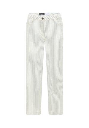 Pantalon en denim blanc avec fines rayures noires verticales, fermeture à boutons et fermeture éclair à l'avant, et poches avant.