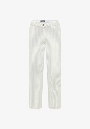 Witte denimbroek met dunne verticale zwarte strepen, sluiting met knopen en rits aan de voorkant, en steekzakken aan de voorkant.