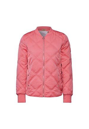 Prošívaná růžová bomber bunda s předním zipem, žebrovanými man žetami a patentkami po stranách. Měkká textilie a prošívání ve tvaru diamantu.