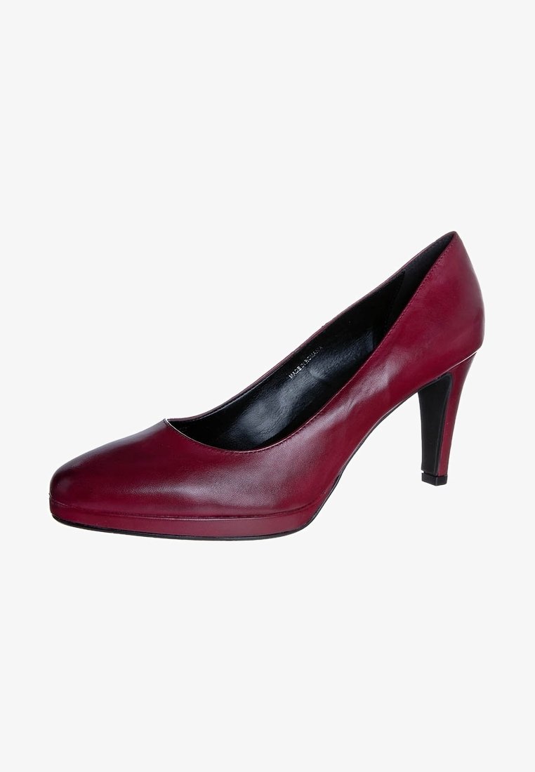 Chaussure à talon haut pour femmes en cuir bordeaux avec bout rond et intérieur noir, talon effilé de hauteur moyenne.