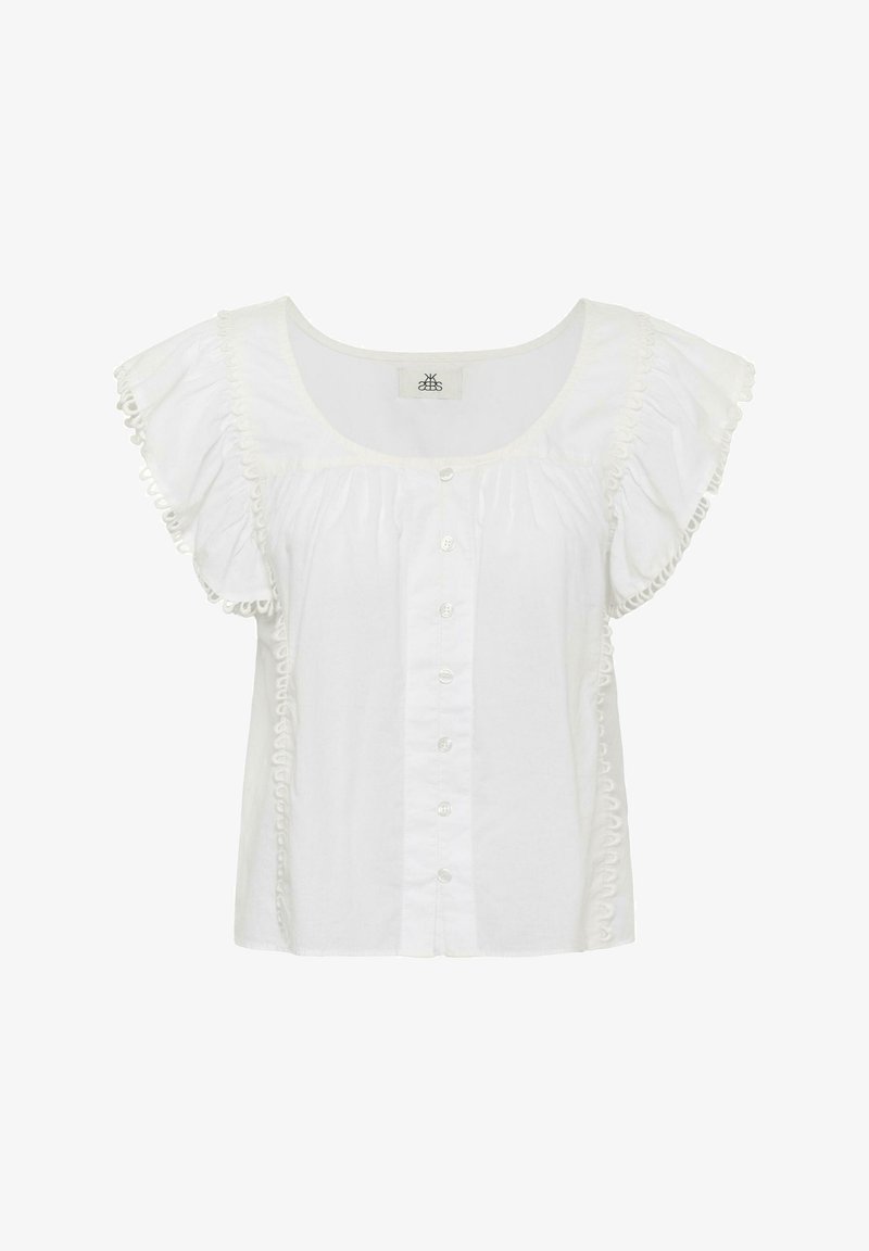 Blouse blanche à manches courtes avec bords volantés, fermeture à boutons sur le devant et encolure dégagée.