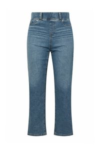 Jean en denim bleu clair avec une coupe droite, taille haute et coutures visibles, présentant un design classique à cinq poches.