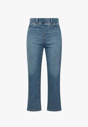 Helle blaue Jeans aus Denim mit geradem Schnitt, hoher Taille und sichtbaren Nähten, ausgestattet mit einem klassischen Fünf-Taschen-Design.