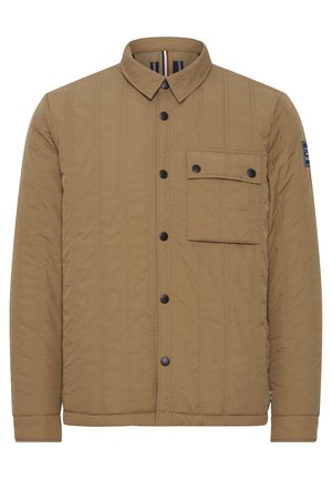 Rudas siuvinėtas švarkas, pagamintas iš struktūrinės medžiagos, su sagų užsegimu priekyje, apykakle, krūtinės kišenę ir kontrastinga dryžuota vidine detale.