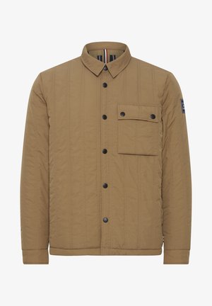 Brown quilted jacket made of textured fabric, featuring a button-up front, collar, a chest pocket, and contrasting striped interior detail.