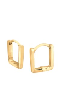 Boucles d'oreilles carrées en métal doré avec une finition lisse et un bord légèrement arrondi, présentant un mécanisme de fermeture à charnière sécurisé.