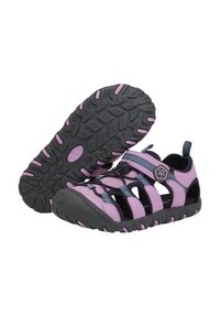 Lila och grå barnsandaler med övre del i mesh, justerbar rem och gummisula med djupa greppknoppar.