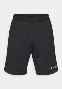 Black athletic shorts with an elastic waistband. Smooth texture and a logo in white and red on the lower left side. Short length design.