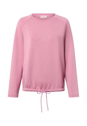 Helles rosa Sweatshirt mit langen Ärmeln, weichem Material, Raglanärmeln und einem Kordelzug am Saum für eine verstellbare Passform.