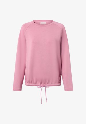 Light pink long-sleeve sweatshirt with a soft texture, raglan sleeves, and a drawstring at the hem for adjustable fit.