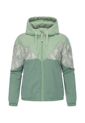 Veste vert clair avec capuche, présentant un design géométrique en gris et bleu. Fabriquée en tissu lisse et résistant à l'eau avec des poignets élastiques.