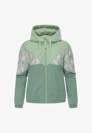 Light green jacket with a hood, featuring a geometric design in gray and blue. Made from smooth, water-resistant fabric with elastic cuffs.