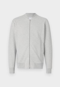 Grey zip-up sweatshirt with a round collar, long sleeves, ribbed cuffs, and hem. Made from soft fabric with a smooth texture.