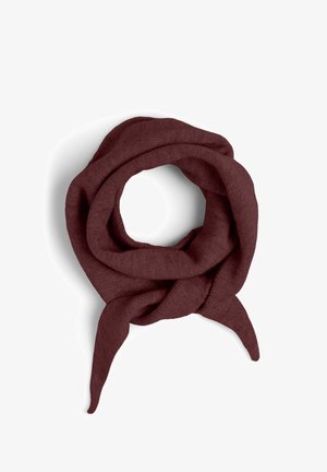 Sciarpa bordeaux in morbido tessuto, con un design a loop e legature frontali. Texture liscia senza motivi visibili o hardware.