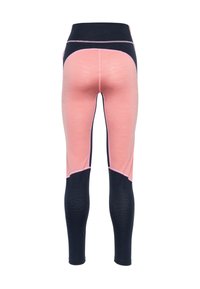 Leggingsit, joissa on korkea vyötärö, väriblokattu muotoilu vaaleanpunaisilla ja laivastonsinisillä osilla, sileä rakenne ja kontrastiväriset saumat.